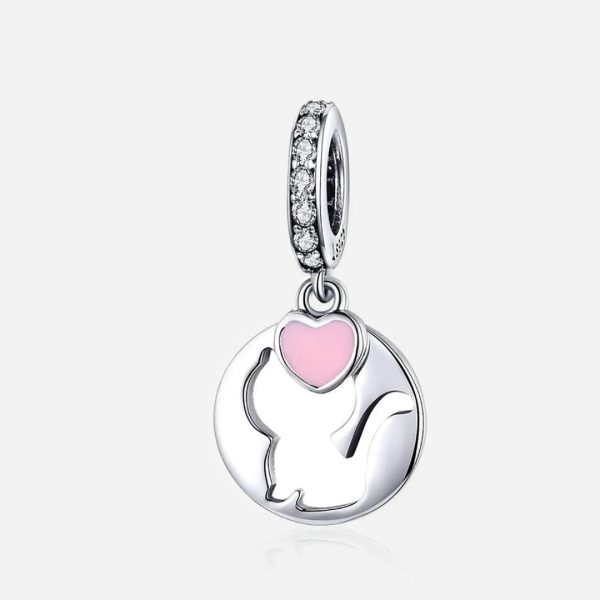 Ezüst cica sziluett rózsaszín szívvel charm